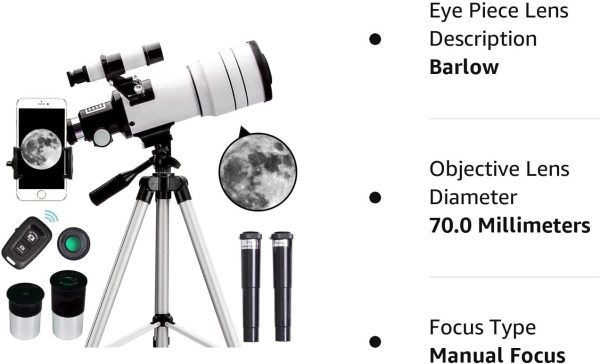 ToyerBee Telescope for Adults & Kids, 70mm Aperture Astronomical Refractor Telescopes for Astronomy Beginners (15X-150X), 300mm Portable Telescope with an Phone Adapter & A Wireless Remote - Image 7