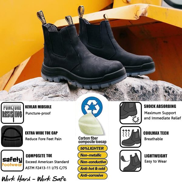 HANDMEN Work Boots for Men, Composite/Soft Toe Waterproof Working Boots, Slip Resistant Anti-Static Slip-on Safety Working Shoes 8 9 10 11 12 13 - Image 2