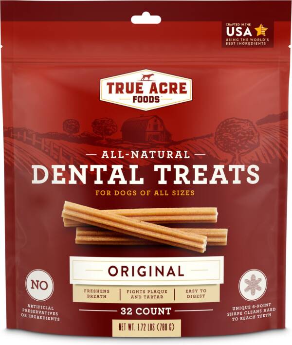 True Acre Foods All-Natural Dental Chew Sticks, Original Flavor 32 Count Dog Treats 780g