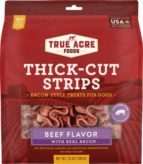 True Acre Foods Thick Cut Strips with Real Bacon and Beef Dog Treats 709g