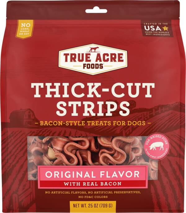 True Acre Foods Thick Cut Strips with Real Bacon Dog Treats 709g