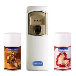 Airance Automatic Room Freshener Dispenser Machine with 250 ml Each Oud Wood & Rose Petals Fragrance Spray Bottle (Pack of 3)
