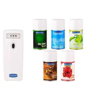 Airance Automatic Room Freshner LED Aerosol Dispenser With 250 ml Each Khus (Vetiver), Cool Splash, Refreshing Lime,Oud Wood & Litchi Fragrance Refill (Pack of 6)