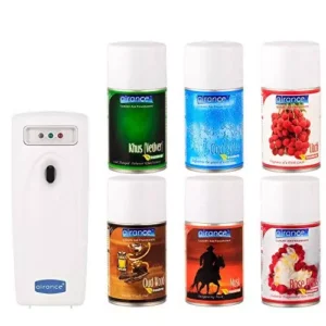 Airance Automatic Room Freshner LED Aerosol Dispenser With 250 ml Each Khus (Vetiver), Cool Splash, Litchi, Oud Wood, Musk & Rose Petals Fragrance Refill (Pack of 7)