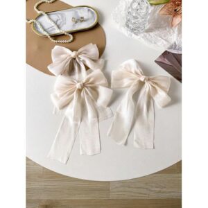 3pcs Set Cream Tulle Bow Hair Clips For Women