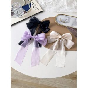 3pcs/Set Sweet Bowknot Hairpins, Black Glutinous Rice & Lavender Cream Colored Net Yarn Clips, Hair