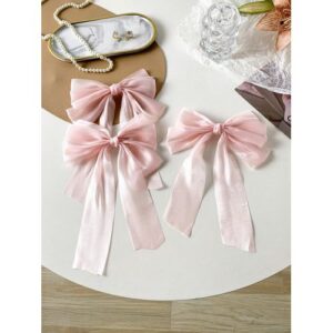 3pcs/Pack Pink & Cream Sweet Lace Bow Hair Clips, Hairpins For Girls