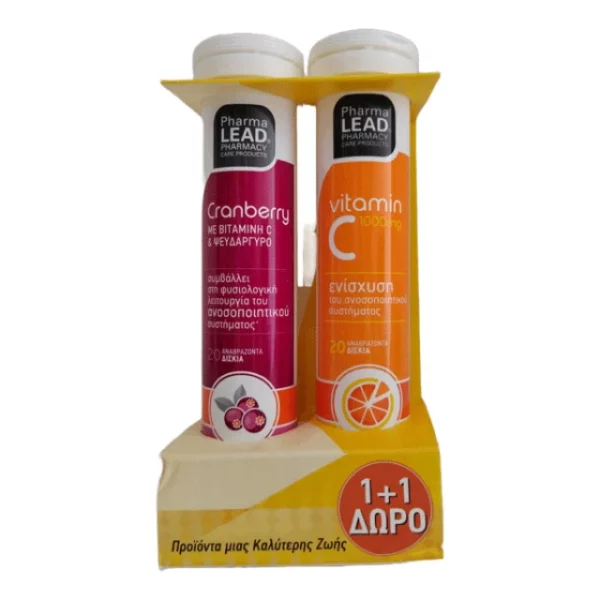 Pharmalead Cranberry With Vitamin C & Zinc Orange Flavor Effervescent 20 Tablets + Pharmalead Vitamin C 1000mg Orange Flavor Effervescent 20 Tablets Free