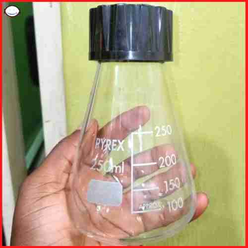 Erlenmeyer or Conical flask with cap. Chemistry lab Laboratory Apparatus