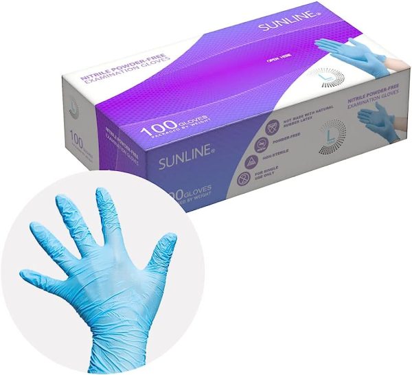 SUNLINE Blue Nitrile Powder Free Medical Examination Gloves - 4mil - 100 Count