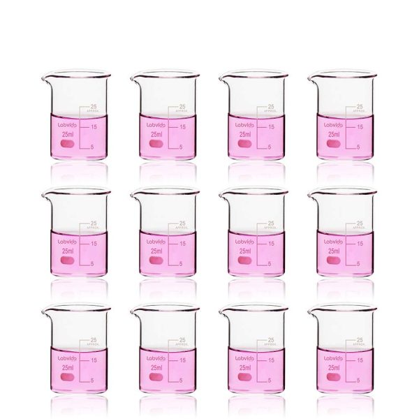 Labvida 12pcs of Glass Beakers Shot Glass, Vol.25ml, 3.3 Borosilicate Griffin Low Form with Printed Graduation, LVA001