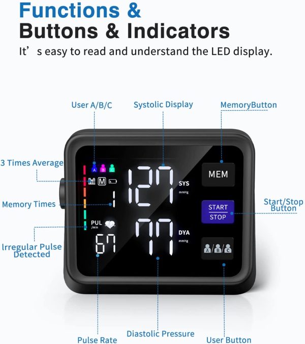 VERWINT Automatic Blood Pressure Machine Upper Arm with Large Backlit Display, Accurate Digital BP Monitor with Adjustable Cuff 8.6"-16.5", 3x199 Sets Memory, Include Batteries and Type C Cable - Image 6