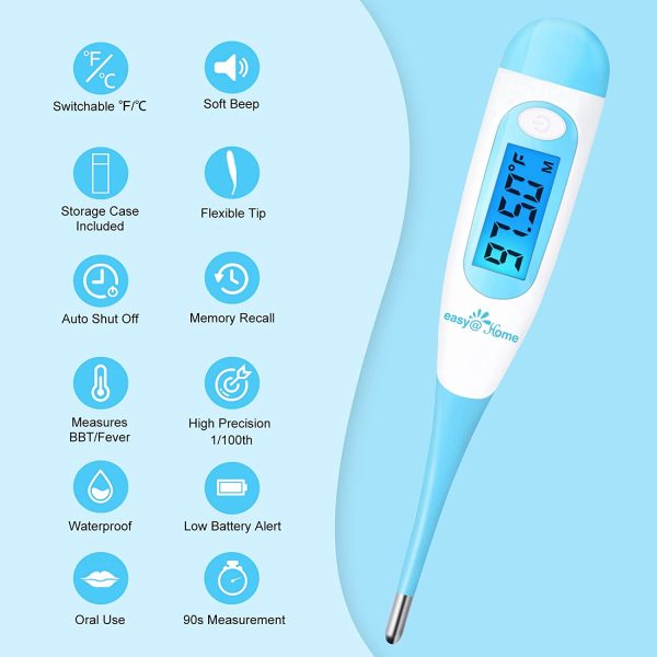 Easy@Home Digital Basal Thermometer with Blue Backlight LCD Display, 1/100th Degree High Precision and Memory Recall, NOT Bluetooth Enabled, Upgraded EBT-100B(Blue) - Image 2