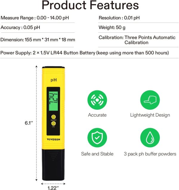 VIVOSUN pH and TDS Meter Combo, 0.05ph High Accuracy Pen Type pH Meter ± 2% Readout Accuracy 3-in-1 TDS EC Temperature Meter for Hydroponics, Household Drinking, and Aquarium, UL Certified - Image 6