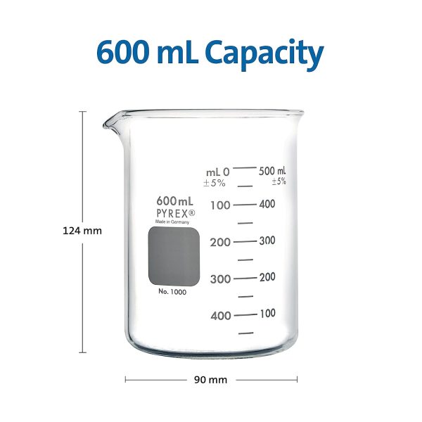 PYREX Griffin Borosilicate Glass Beaker- Low Form Graduated Measuring Beaker with Spout– Premium Scientific Glassware for Laboratories, Classrooms or Home Use - PYREX Chemistry Glassware, 600mL, 2/Pk - Image 3