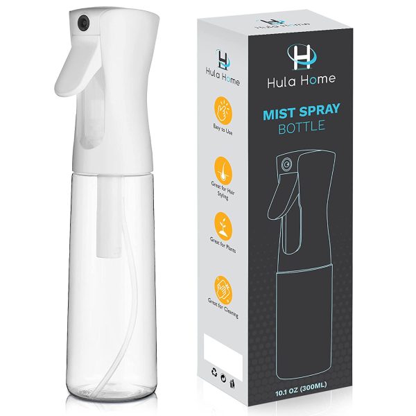 Hula Home Spray Bottle for Hair (10.1oz/300ml) - Continuous Mist Ultra Fine Water Sprayer – For Hairstyling, Cleaning, Salons, Plants, Essential Oil Scents & More - White