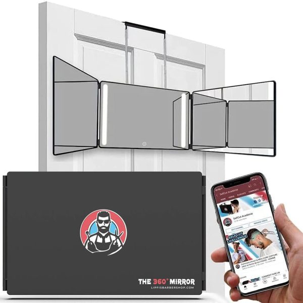 LIPFISBARBERSHOP.COM Door Mount, The 360° Mirror - 3 Way Mirror for Self Hair Cutting with Height Adjustable Telescoping Hooks (Black with LED Lights)