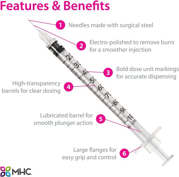 EasyTouch U-100 Insulin Syringe with Needle, 30G 1cc 1/2-Inch (12.7mm), Box of 100 - Image 3