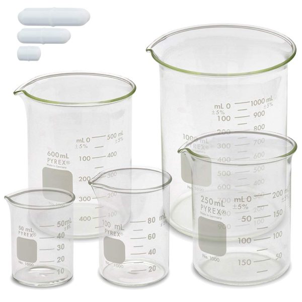 Corning PYREX #1000 Griffin Low Form, Glass Beaker Set with Magnetic Stir Bar Set - 5 Sizes - 50, 100, 250, 600, and 1000ml - Image 2