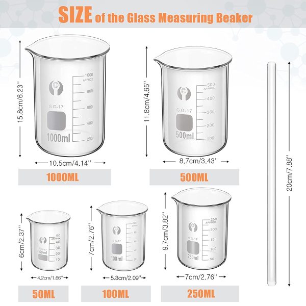 Feekoon 10 Pieces Glass Measuring Beaker and Graduated Measuring Cylinder with Stirring Rod 50/100/ 250/500/ 1000 ml Thick Glass Beakers and 5/10/ 50/100 ml Graduated Cylinders for Science Lab - Image 2