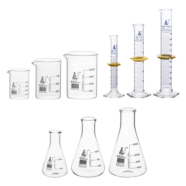 EISCO Laboratory Glassware Set, 9pcs - Includes Beaker Set (3pcs), Erlenmeyer Flask Set (3pcs), ASTM Class A Graduated Cylinder Set (3pc) - Chemistry Glassware - Made of Borosilicate 3.3 Glass