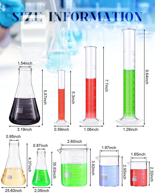 18 Pieces Lab Glassware Set Beaker Flask Cylinder Set Includes 3 Glass Beakers 3 Erlenmeyer Flasks 3 Graduated Measuring Cylinders with Droppers Brushes and Glass Stirring Rod for Lab Experiment - Image 3