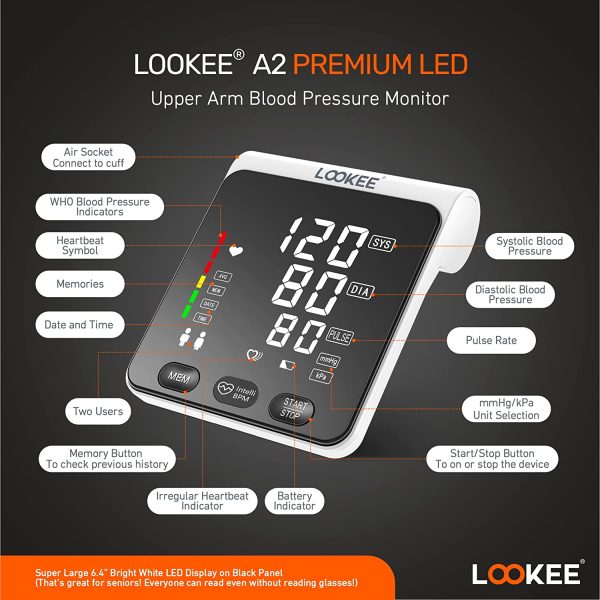 LOOKEE A2 Premium LED Automatic Upper Arm Blood Pressure Monitor Machine for Home Use | Super Large Genuine 6.4" LED Panel | Slim Body | Large Cuff | Two Users | Irregular Heartbeat Monitor - Image 3