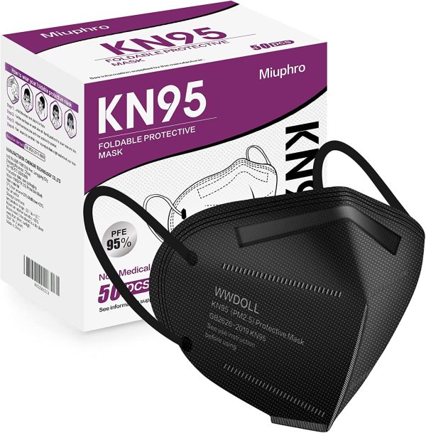 Miuphro KN95 Face Mask 50 Pack, Disposable Respirator Masks, 5 Layer Design Safety Mask for Protection, Ideal for Men and Women (Black)