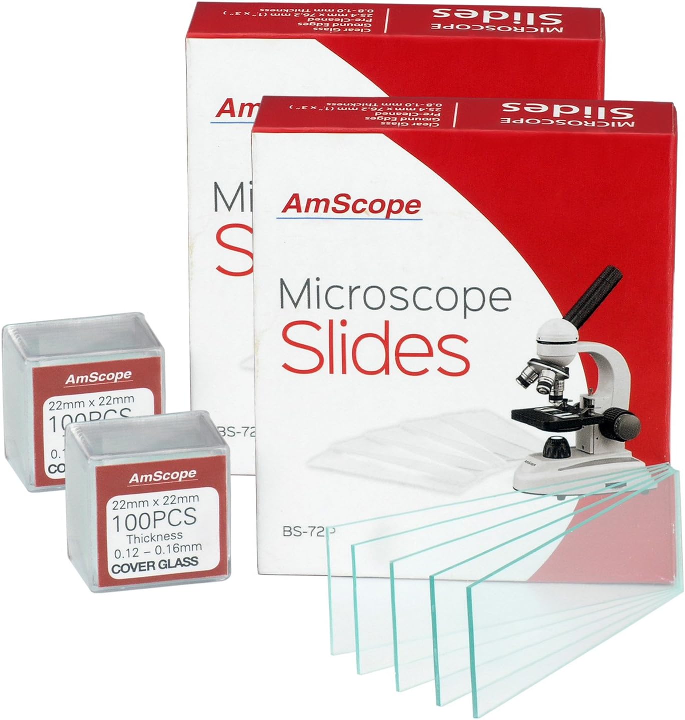 AmScope BS-144P-200S-22 144 Blank Microscope Slides and 200 22x22mm Square Cover Glass Pre Cleaned Cover Glass