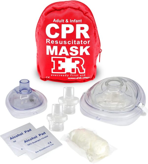 Ever Ready First Aid Adult and Infant CPR Mask Combo Kit with 2 Valves with Pair of Vinyl Gloves & 2 Alcohol Prep Pads - Red