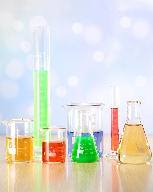 18 Pieces Lab Glassware Set Beaker Flask Cylinder Set Includes 3 Glass Beakers 3 Erlenmeyer Flasks 3 Graduated Measuring Cylinders with Droppers Brushes and Glass Stirring Rod for Lab Experiment - Image 6