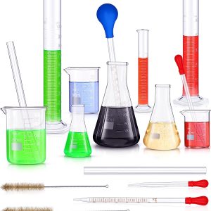 18 Pieces Lab Glassware Set Beaker Flask Cylinder Set Includes 3 Glass Beakers 3 Erlenmeyer Flasks 3 Graduated Measuring Cylinders with Drop