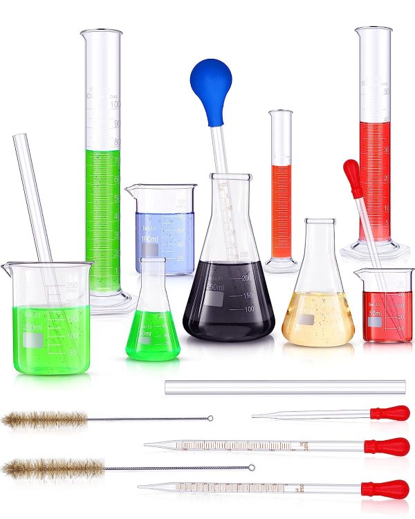 18 Pieces Lab Glassware Set Beaker Flask Cylinder Set Includes 3 Glass Beakers 3 Erlenmeyer Flasks 3 Graduated Measuring Cylinders with Drop