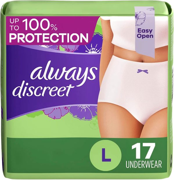 Always Discreet, Incontinence & Postpartum Underwear for Women, Maximum, Large, 17 Count