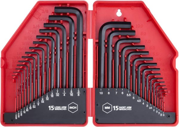 EFFICERE 30-Piece Premium Hex Key Allen Wrench Set, SAE and Metric Assortment, L Shape, Chrome Vanadium Steel, Precise and Chamfered Tips | SAE 0.028-3/8 inch | Metric 0.7-10 mm | In Storage Case