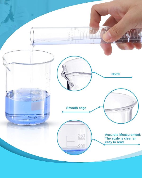 18 Pieces Lab Glassware Set Beaker Flask Cylinder Set Includes 3 Glass Beakers 3 Erlenmeyer Flasks 3 Graduated Measuring Cylinders with Droppers Brushes and Glass Stirring Rod for Lab Experiment - Image 2