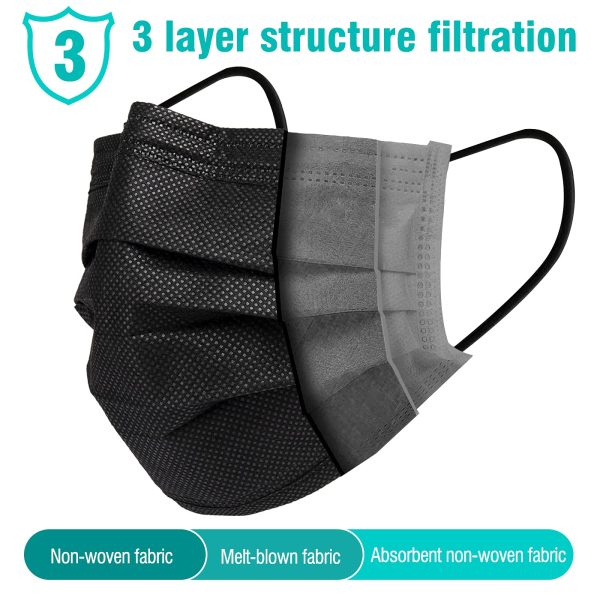 100 Pack Disposable Face Masks, 3 Ply Filter Protection Black Disposable Face Masks - Image 2