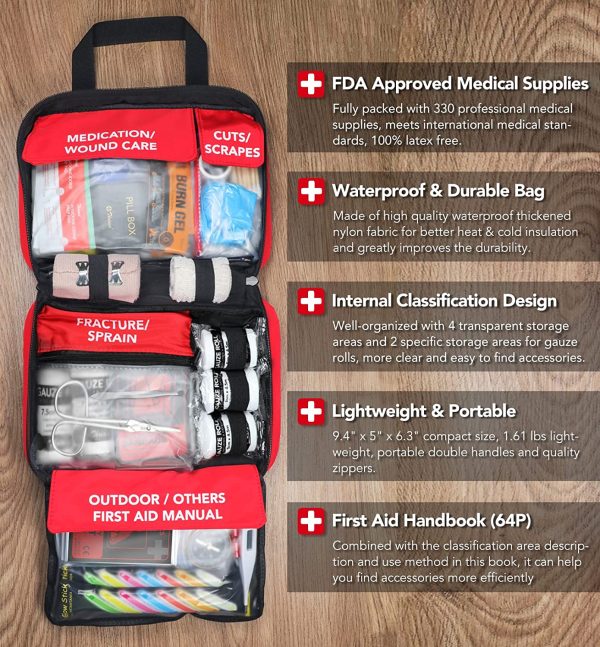 330 Piece First Aid Kit, Premium Waterproof Compact Trauma Medical Kits for Any Emergencies, Ideal for Home, Office, Car, Travel, Outdoor, Camping, Hiking, Boating (Red) - Image 3