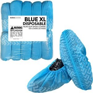 Buena Goods 100 Pack Extra Large Disposable Blue Boot & Shoe Covers. Reusable Premium Water Resistant Durable Booties with Non Slip Treads for Indoor Use. Fits US Men's Size 14 & Women's 16 Shoe Size