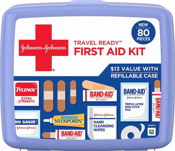 Johnson & Johnson Travel Ready Portable Emergency First Aid Kit for Minor Wound Care with Assorted Adhesive Bandages, Gauze Pads & More, Ideal for Travel, Car & On-The-Go, 80 pc