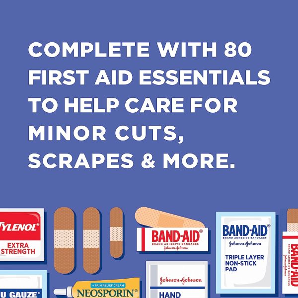 Johnson & Johnson Travel Ready Portable Emergency First Aid Kit for Minor Wound Care with Assorted Adhesive Bandages, Gauze Pads & More, Ideal for Travel, Car & On-The-Go, 80 pc - Image 2