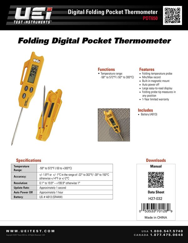 UEi Test Instruments PDT650 Folding Pocket Digital Thermometer,Yellow - Image 4