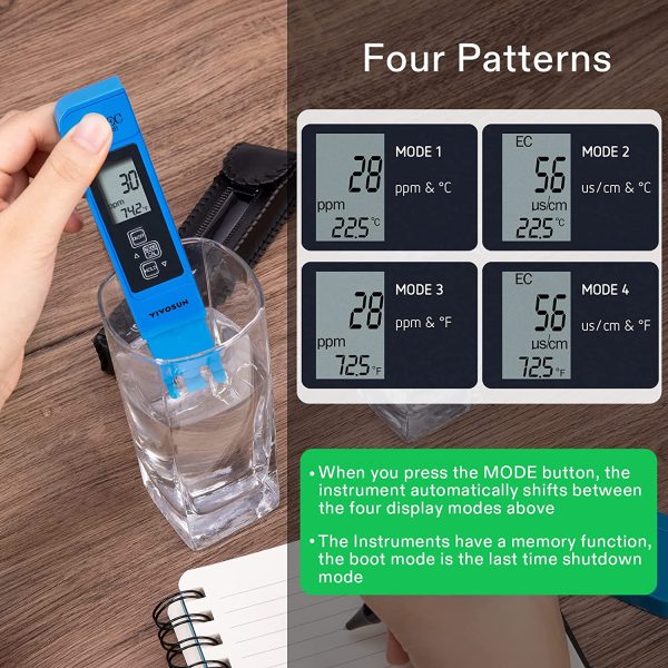 VIVOSUN pH and TDS Meter Combo, 0.05ph High Accuracy Pen Type pH Meter ± 2% Readout Accuracy 3-in-1 TDS EC Temperature Meter for Hydroponics, Household Drinking, and Aquarium, UL Certified - Image 3