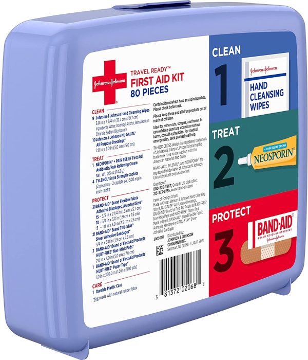 Johnson & Johnson Travel Ready Portable Emergency First Aid Kit for Minor Wound Care with Assorted Adhesive Bandages, Gauze Pads & More, Ideal for Travel, Car & On-The-Go, 80 pc - Image 7