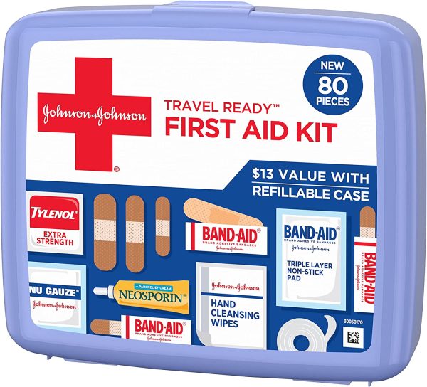 Johnson & Johnson Travel Ready Portable Emergency First Aid Kit for Minor Wound Care with Assorted Adhesive Bandages, Gauze Pads & More, Ideal for Travel, Car & On-The-Go, 80 pc - Image 6