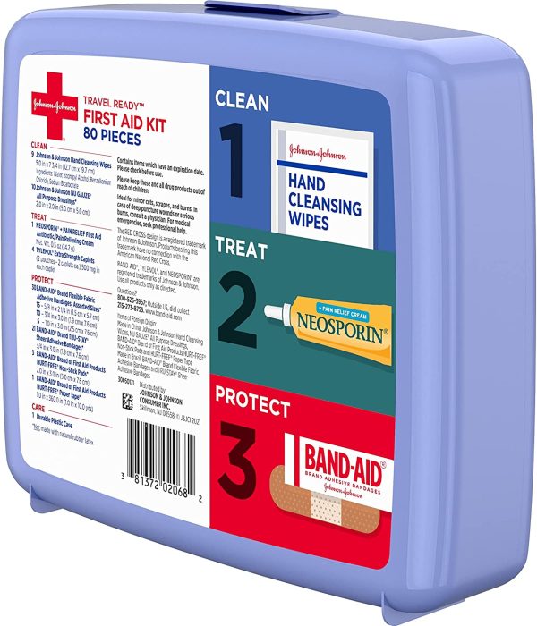 Johnson & Johnson Travel Ready Portable Emergency First Aid Kit for Minor Wound Care with Assorted Adhesive Bandages, Gauze Pads & More, Ideal for Travel, Car & On-The-Go, 80 pc - Image 8