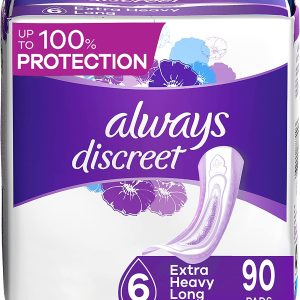 Always Discreet Extra Heavy Long Incontinence Pads, Up to 100% Leak-Free Protection, 45 Count x 2 Packs (90 Count total)