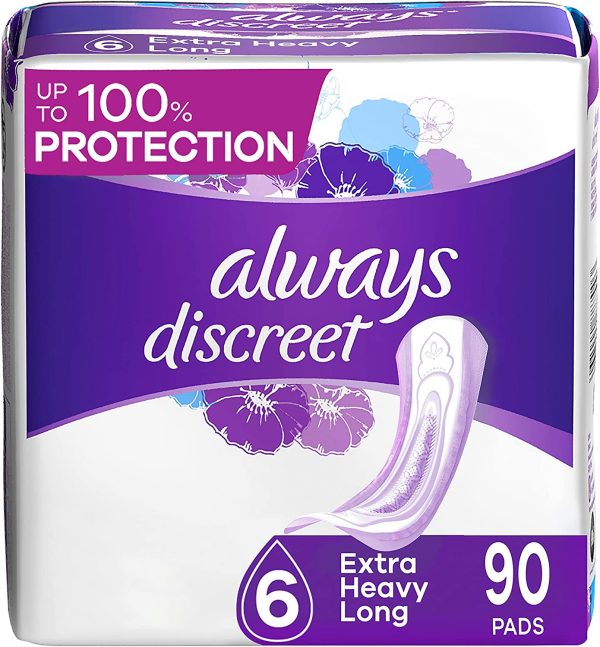Always Discreet Extra Heavy Long Incontinence Pads, Up to 100% Leak-Free Protection, 45 Count x 2 Packs (90 Count total)