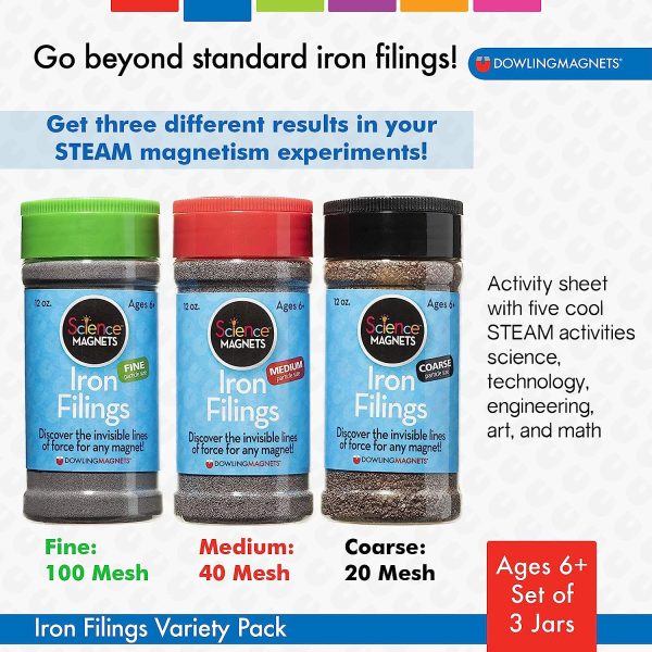 Dowling Magnets Iron Filings Variety Pack, 3 Jars (fine, Medium, coarse), 12 Ounces Each (731050) - Image 2