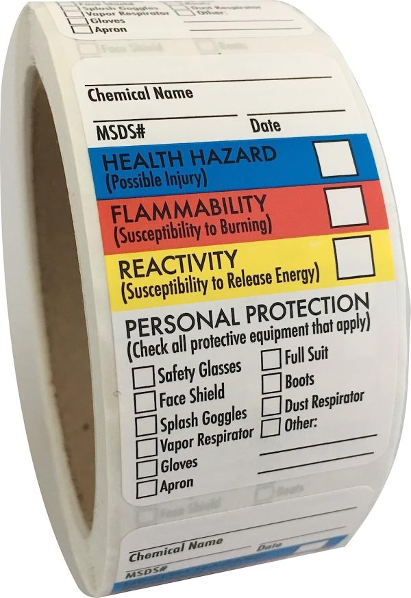 SDS Stickers/MSDS Stickers, 1.5”x2.5”, Roll of 250, Right to Know - Chemical Identifying and Marking, Self Adhesive